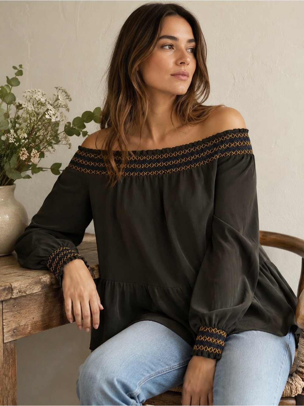 Whistles Dark Olive Smocked Off-the-Shoulder Blouse | Silk Feel | US 8